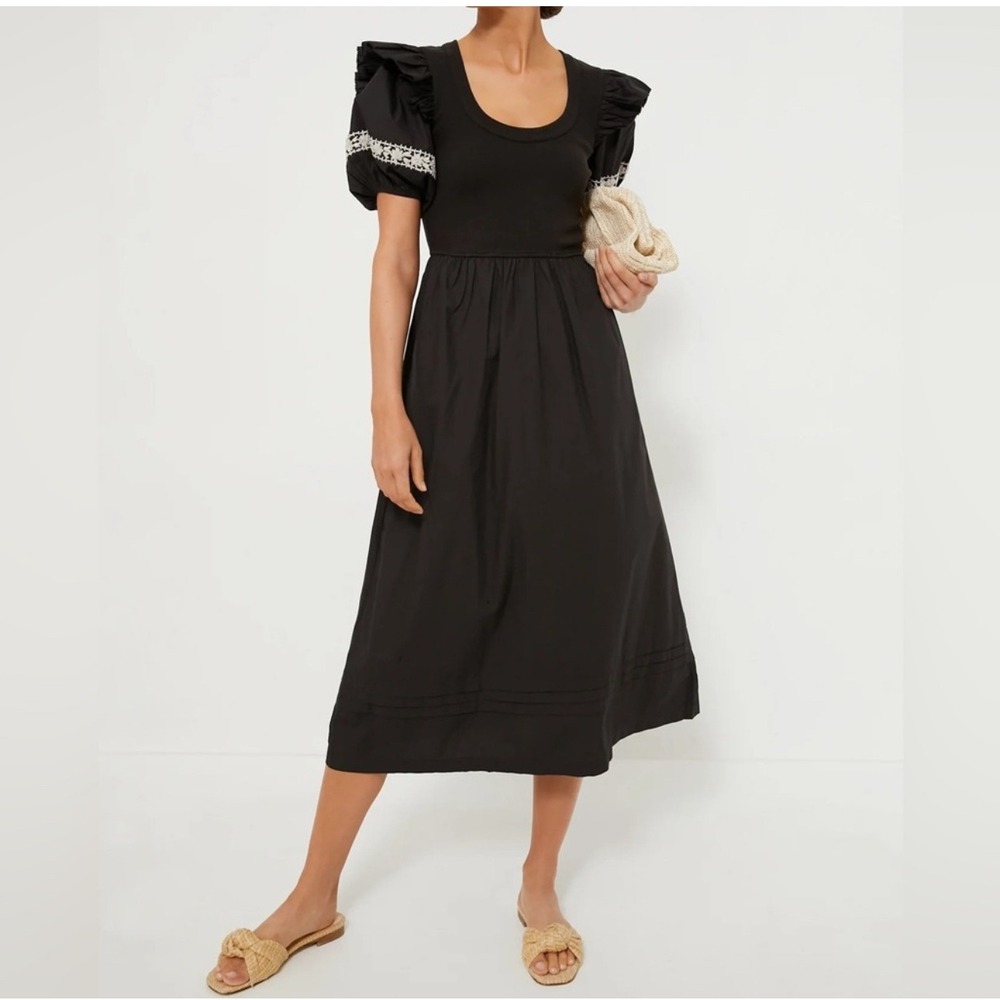 Cleobella Embroidered Ruffle Sleeve Midi Dress Black Cottagecore Chic Small
